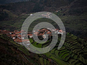 Aerial panorama of green agriculture farming terraces old remote rural mountain village town Padrao Portugal