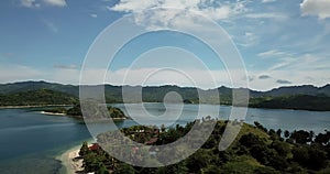 Aerial panorama of green tropical islands in the sea,Gilli air island and Lombok . Indonesia, south Gili islands. Gili