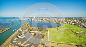 Aerial panorama of Greenwich Bay and reserve, Williamstown Subu