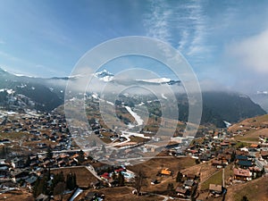 Aerial panorama of the Grindelwald, Switzerland village view near Swiss Alps