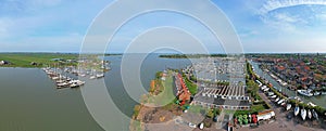 Aerial panorama from the harbor and historical city Monnickendam in Netherlands
