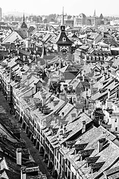 Aerial panorama of historic Bern city center from Bern Minster, Switzerland