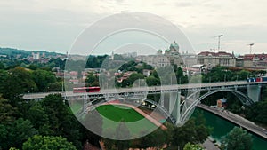 Aerial panorama of historic Bern Old Town with Bridge and Parliament Building