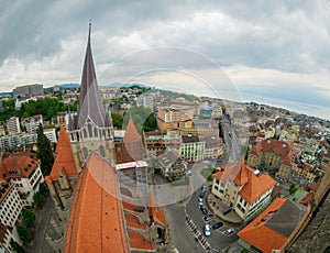 Aerial panorama of the historic center of Lausanne