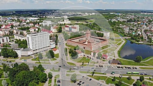 Aerial panorama of the historic city of Lida with a castle. Belarus.