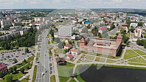 Aerial panorama of the historic city of Lida with a castle. Belarus.