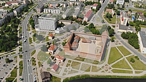 Aerial panorama of the historic city of Lida with a castle. Belarus.