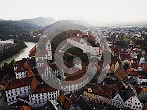 Aerial panorama of historic old town centre of Fuessen Fussen at lech river in Ostallgaeu Allgau Swabia Bavaria Germany