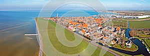Aerial panorama from the historical city Hindeloopen at the IJsselmeer in the Netherlands
