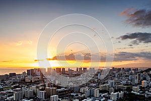 Aerial panorama of Honolulu at sunset with the sun setting over the pacific horizon