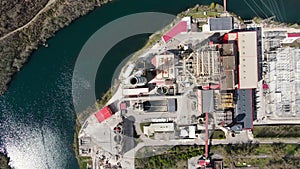 Aerial panorama of industrial area with chimneys of thermal power plant or station.