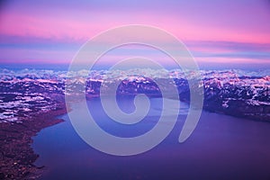 Aerial panorama of Lake Geneva and Alps during sunset, Switzerland