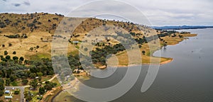 Aerial panorama of Lake Hume coastline, Australia