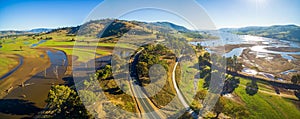 Aerial panorama landscape of Murray Valley Highway and bridge over Lake Hume on bright sunny day. Victoria, Australia
