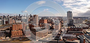 Aerial panorama of Leeds city centre in a cityscape skyline