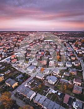 Aerial panorama of Leszno at sunset