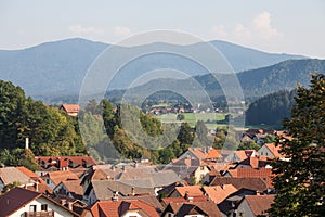Aerial panorama of Ljubno ob Savinji, a typical central europea village of Slovenia, with individual houses, farmhouses photo