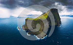 Aerial panorama of massive cliffs of Kalsoy on Faroe Islands