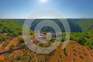 Aerial panorama of the medieval Necven fortress remains in Croatia