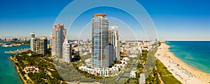 Aerial panorama Miami Beach condominiums parks and beach