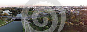 Aerial panorama of Minsk downtown  Belarus` capital with Independence Palace, Higher Court and Svislach river