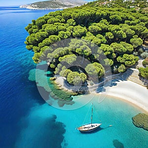 Aerial panorama of Moni well known near to the settlement of on the Greek island of Aegina with the blue