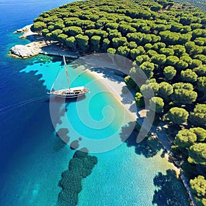 Aerial panorama of Moni well known near to the settlement of on the Greek island of Aegina with the blue