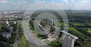 Aerial panorama of Moscow buildings and vast greenspace, Russia
