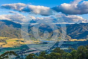 Aerial panorama of Mount Beauty town and pondage at sunset. Kiewa valley, Victoria, Australia. photo