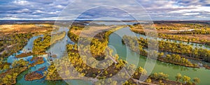 Aerial panorama of Murray River and Wachtels Lagoon.