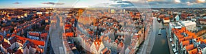 Aerial panorama of the old town in Gdansk at sunrise, Poland