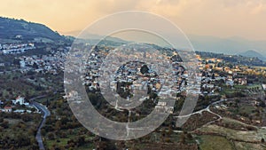 Aerial panorama of old village Pano Lefkara. Famous landmark of valley Pano Lefkara village, Larnaca, orange ceramic