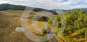 Aerial panorama of Omeo Highway and Mitta Mitta Valley, Australia