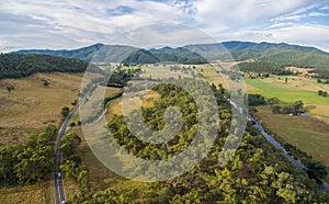 Aerial panorama of Omeo Highway and Mitta Mitta Valley, Australia