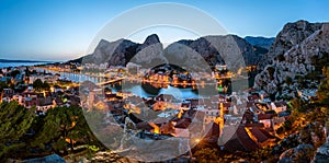 Aerial Panorama of Omis and Cetina River Gorge in the Evening