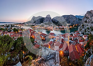 Aerial Panorama of Omis and Cetina River Gorge in the Evening