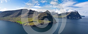 Aerial Panorama outdoor landscape mountain scene of Vidoy island. Summer view of Faroe Islands