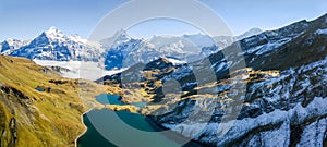 Aerial panorama over Bachalpsee on the First peak in Grindelwald