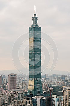 Aerial panorama over Downtown Taipei with Taipei 101 Skyscraper in the dusk from Xiangshan Elephant Mountain in the evening