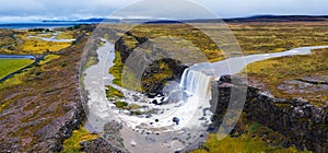 Aerial panorama of the Oxarafoss waterfalls in Iceland