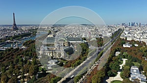 Aerial panorama of Paris France with Grand Palais and Eiffel Tower