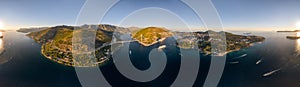 Aerial 360 panorama photo of Dubrovnik bridge Lapad peninsula in Adriatic sea in Croatia summer sunset