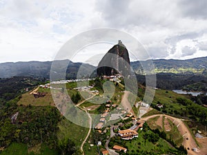 Aerial panorama of Piedra Del Penol El Penon de Guatape rock stone inselberg monolith granite dome in Antioquia Colombia