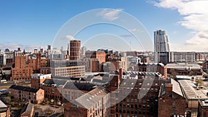 Aerial panorama of redeveloped old warehouses in a Leeds cityscape skyline