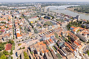 Aerial panorama of residential districts of Novi Sad with Danube river to the left, capital of Vojvodina, Serbia