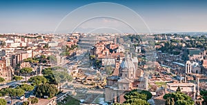 Aerial panorama of the Roman Forum in Rome, Lazio, Italy