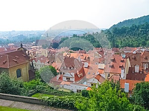 The aerial panorama of roofs at old town Prague, Czech republic