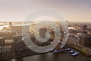 Aerial panorama of Rotterdam at sunset