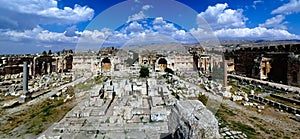 Aerial panorama of Ruins of Jupiter temple and great court of Heliopolis, Baalbek, Bekaa valley Lebanon