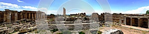 Aerial panorama of Ruins of Jupiter temple and great court of Heliopolis, Baalbek, Bekaa valley Lebanon